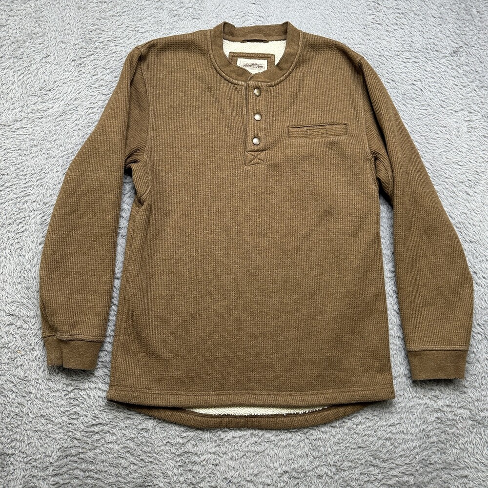 L.L.Bean Henley Shirt Mens S Brown Katahdin Iron Works Waffle Knit Fleece lined